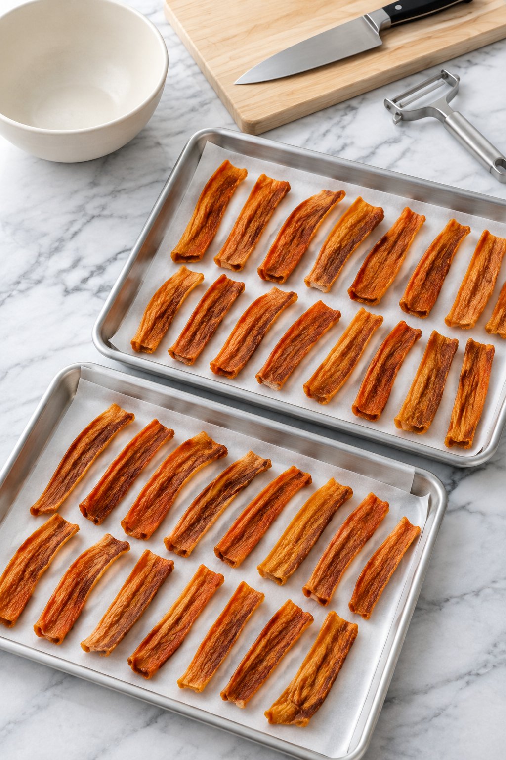 Two baking sheets of finished pumpkin carrot dog chews cooling on the counter.