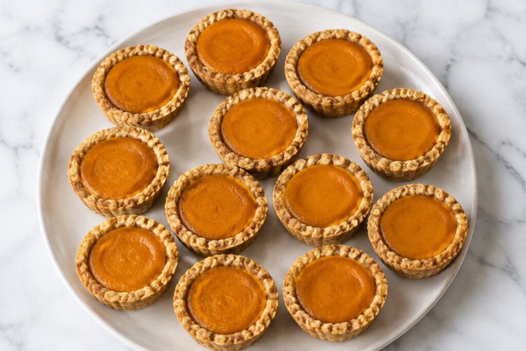 Homemade Pumpkin Pie for Dogs: Twelve mini pumpkin pies for dogs: golden pressed-oat crusts with smooth, set, deep orange pumpkin filling, on a plate.