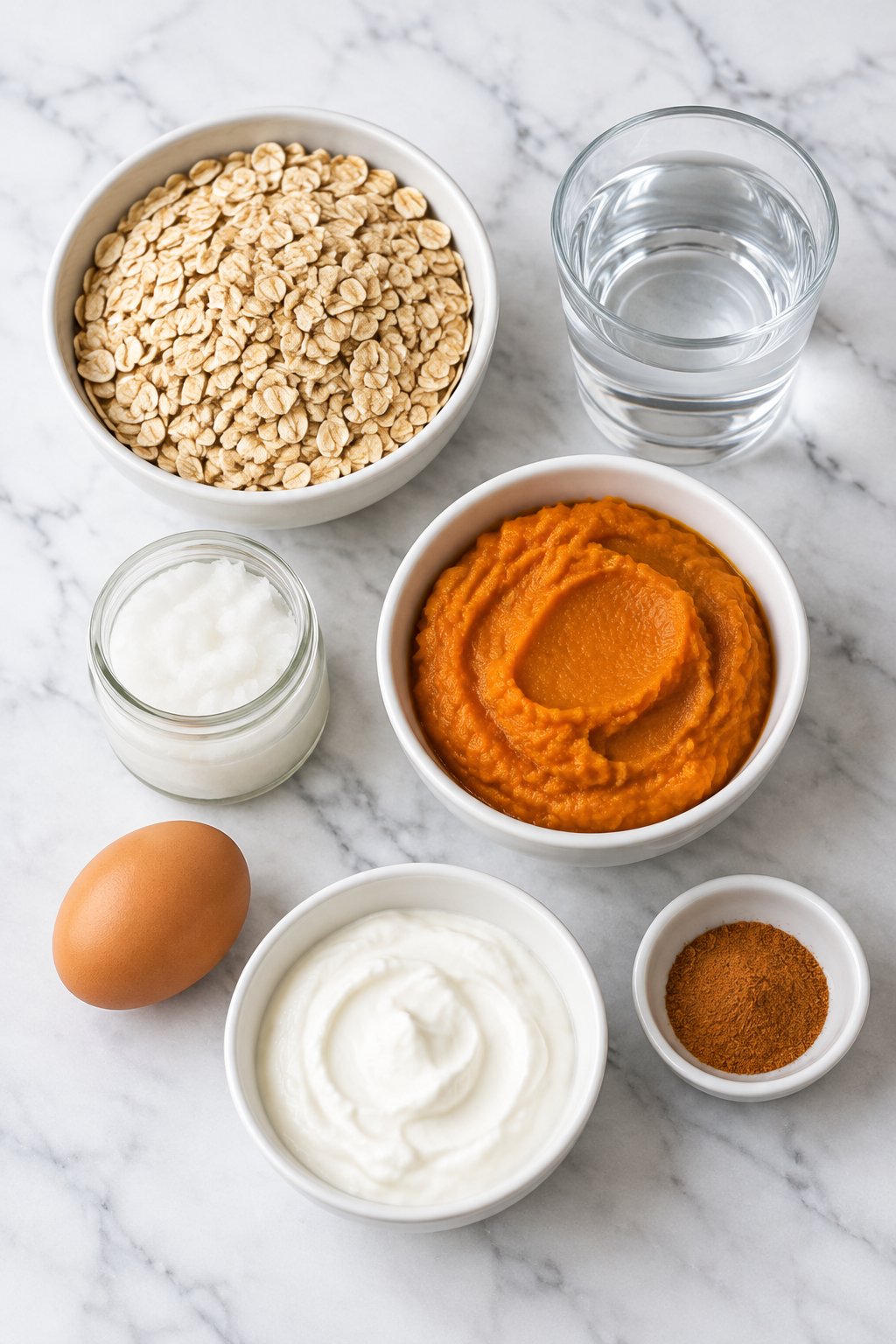Ingredients for pumpkin pie for dogs: rolled oats, coconut oil, water, pumpkin puree, egg, Greek yogurt and cinnamon.
