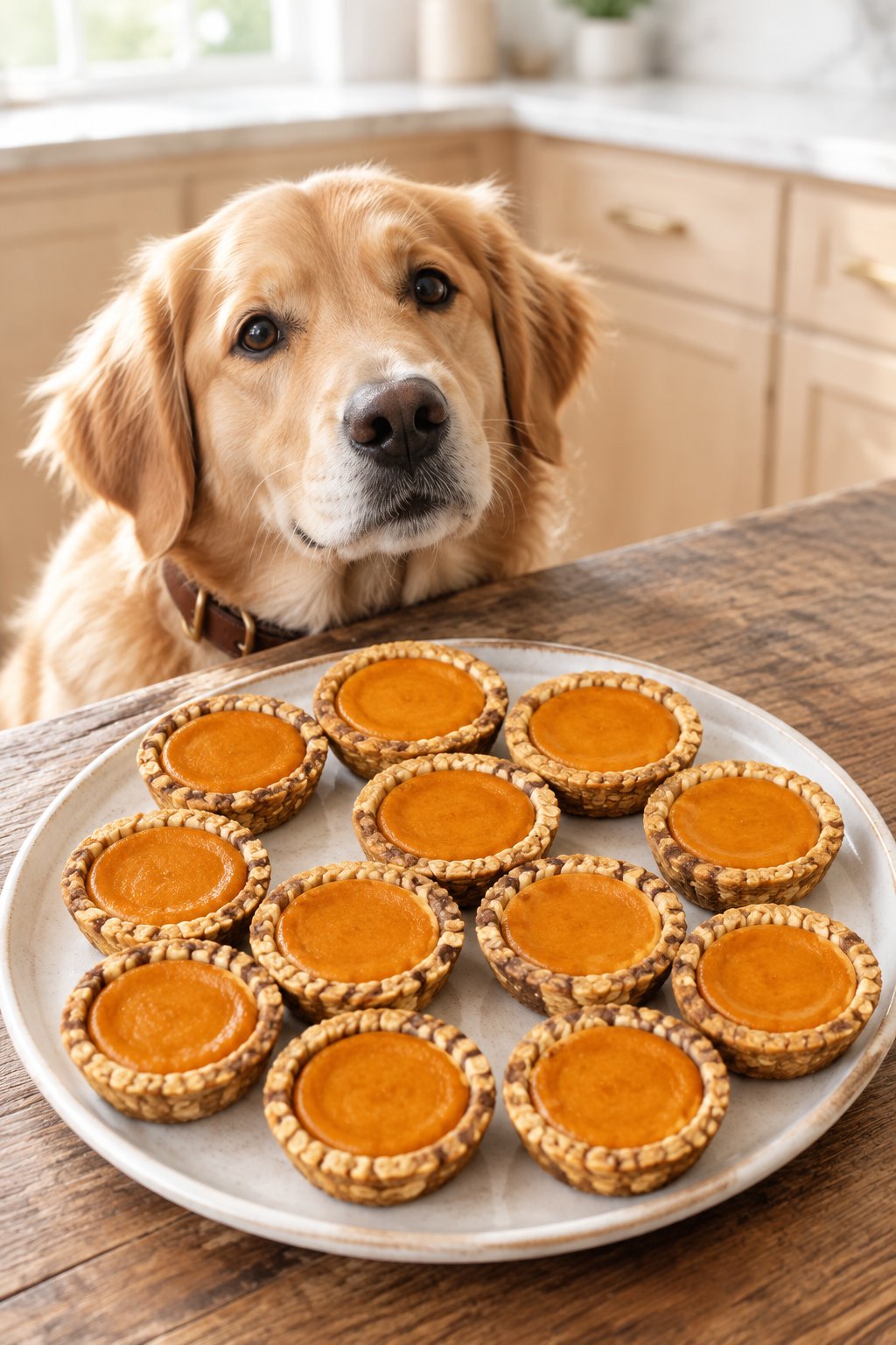 A golden retriever mix resting its chin beside a platter of homemade mini pumpkin pies for dogs.