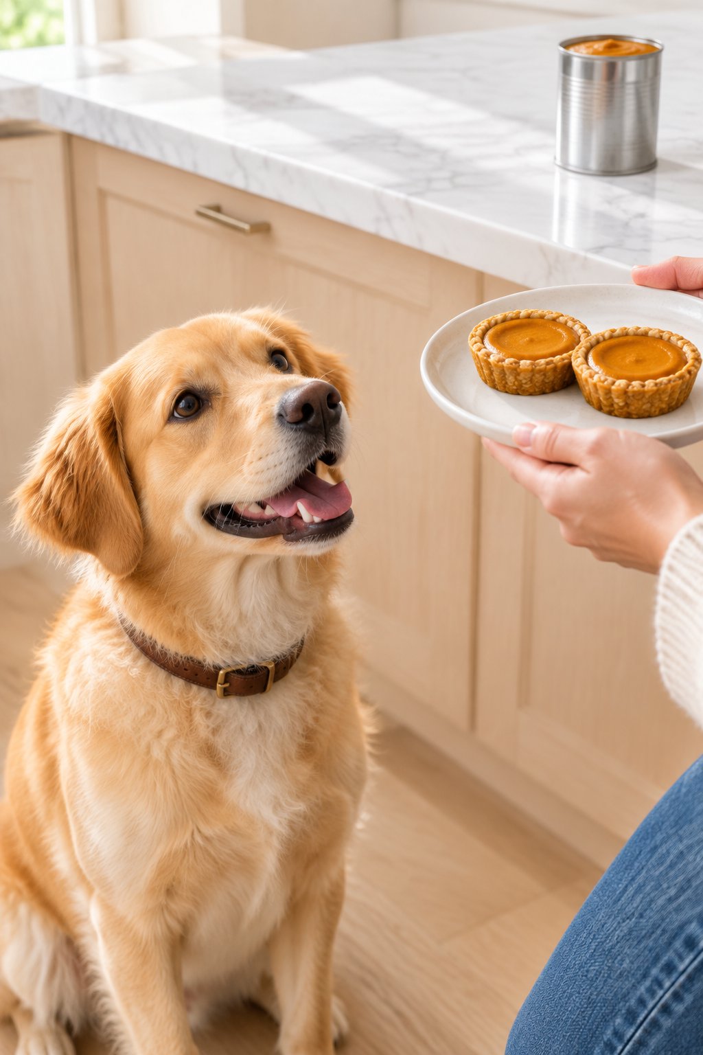 A golden retriever mix looking up at mini pumpkin pies for dogs.