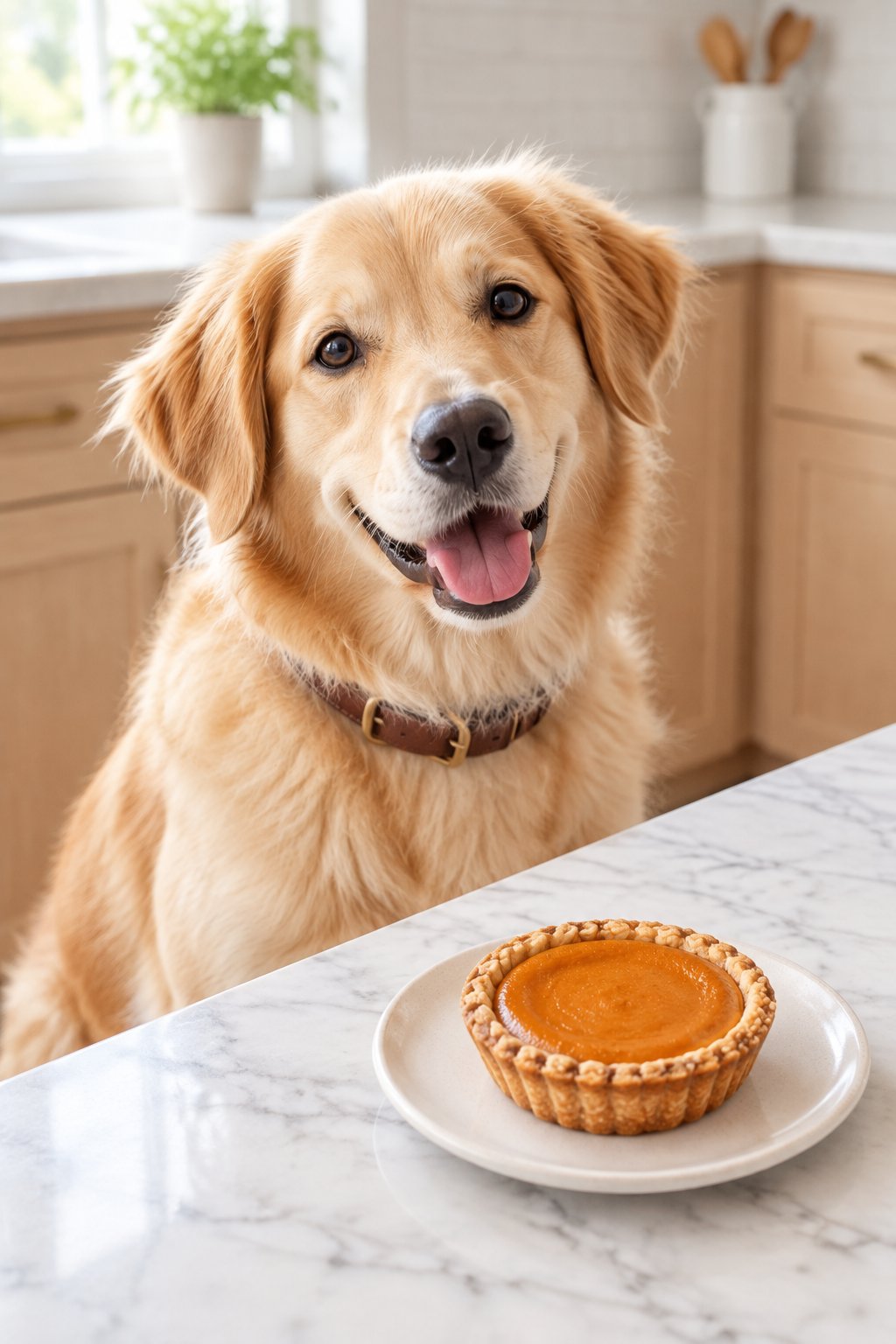 A golden retriever mix with a mini pumpkin pie made for dogs.