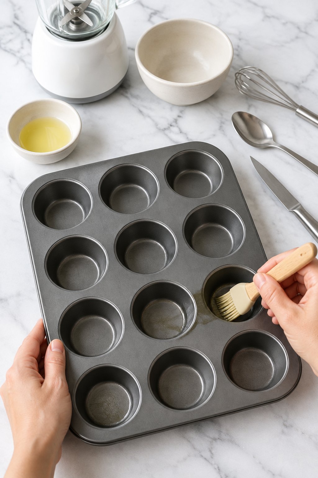 Hands brushing a little oil into the cups of an empty 12-cup mini muffin pan.