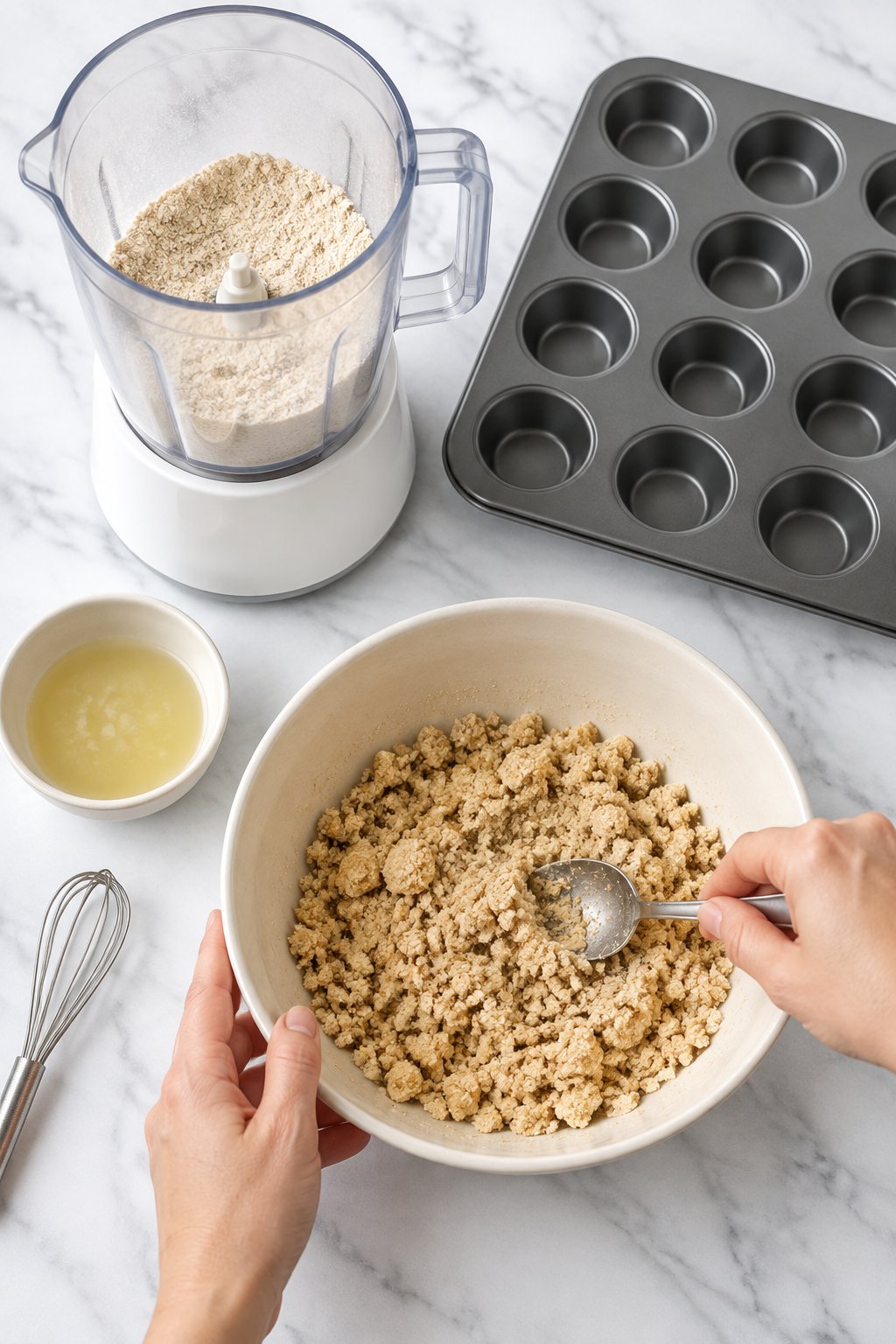 A white blender jar of freshly blended oat flour beside an ivory bowl where the oat flour, melted coconut oil and water are being stirred into a crumb.