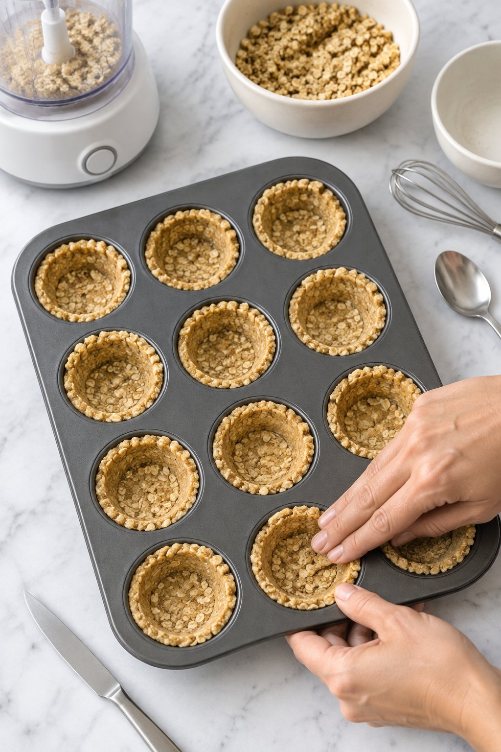 Fingers pressing the oat crumb into the bottoms and a little up the sides of the mini muffin cups.
