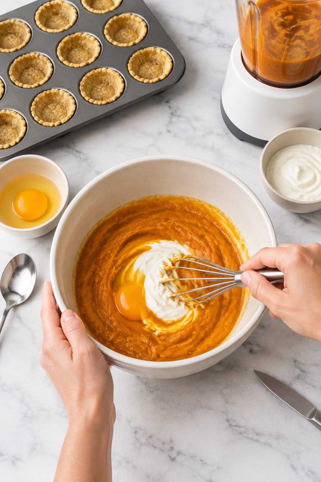 A small wire whisk blending smooth orange pumpkin puree, an egg and Greek yogurt in an ivory bowl.