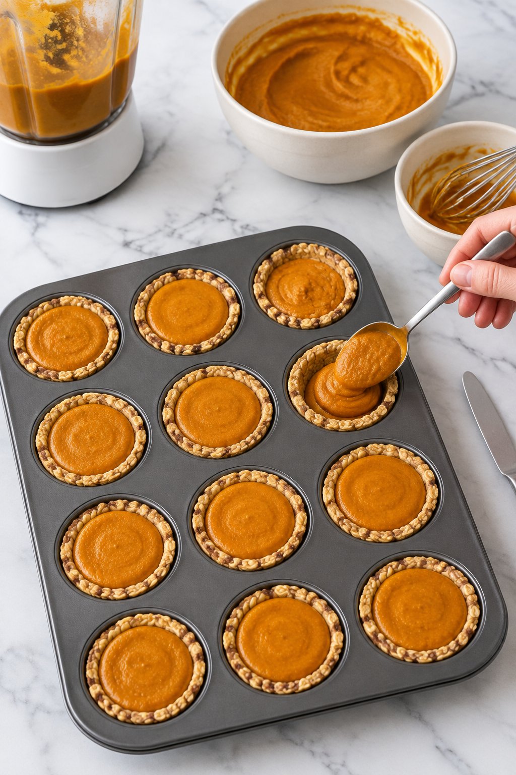 A spoon filling the oat crusts almost to the top with smooth orange pumpkin filling.