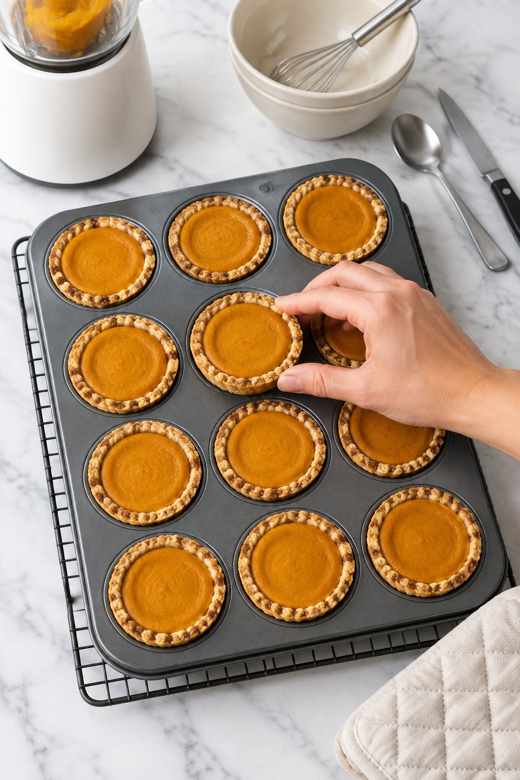 The mini muffin pan of baked, set pumpkin pies on a trivet, a hand gently touching one center, oven mitt beside it.