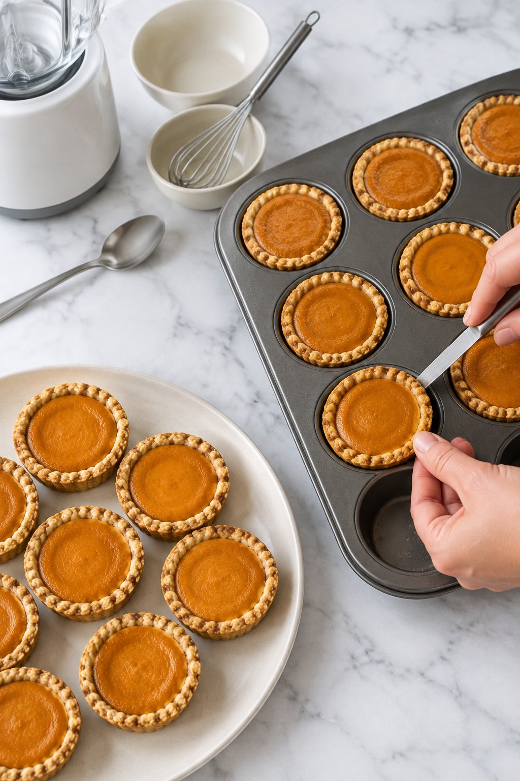 A thin knife loosening one mini pumpkin pie from the pan.