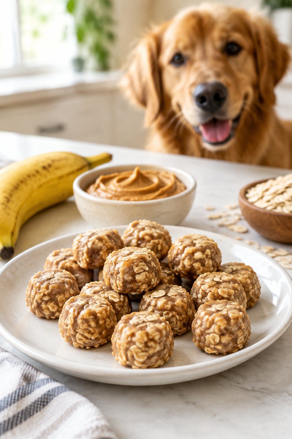 Small homemade peanut butter and banana dog treats on a plate beside a banana, peanut butter, oats, and a dog.