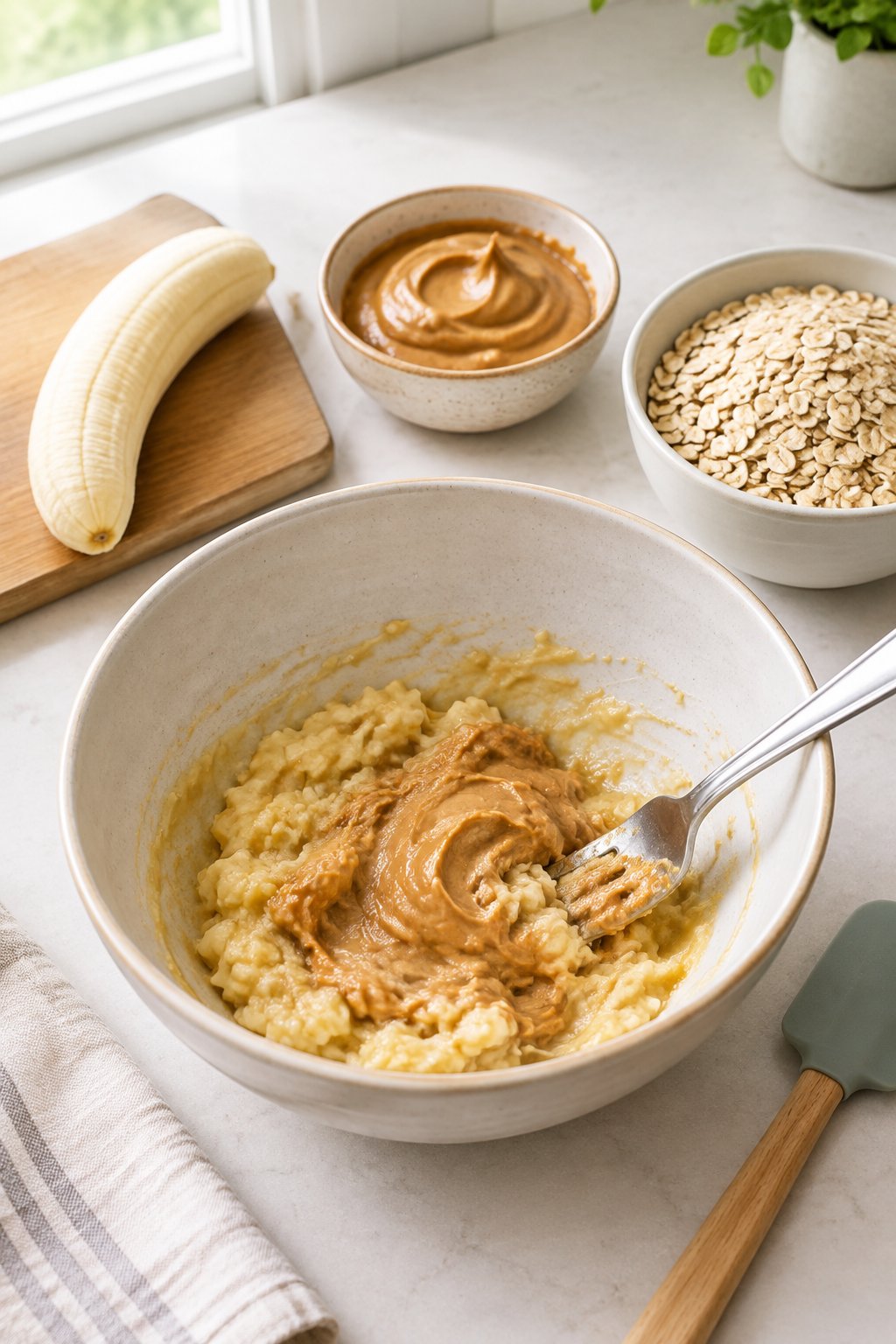 Banana, peanut butter, and rolled oats arranged beside a bowl of partially mixed ingredients on a kitchen counter.