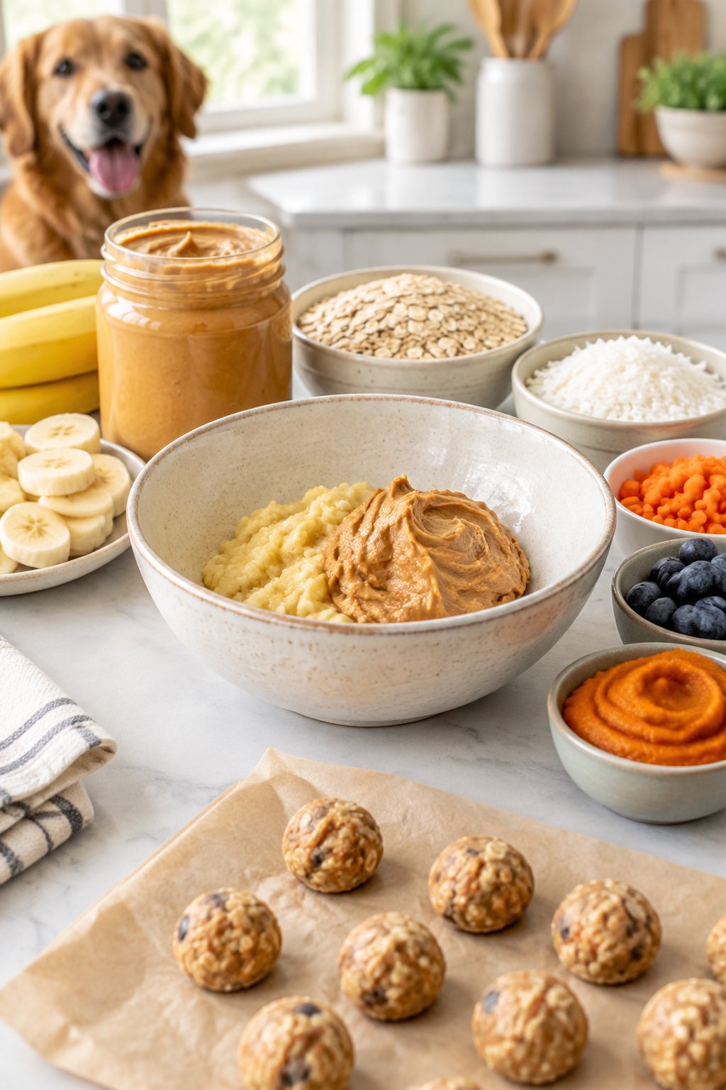 Dog-safe ingredients and homemade peanut butter banana treats arranged on a kitchen countertop.