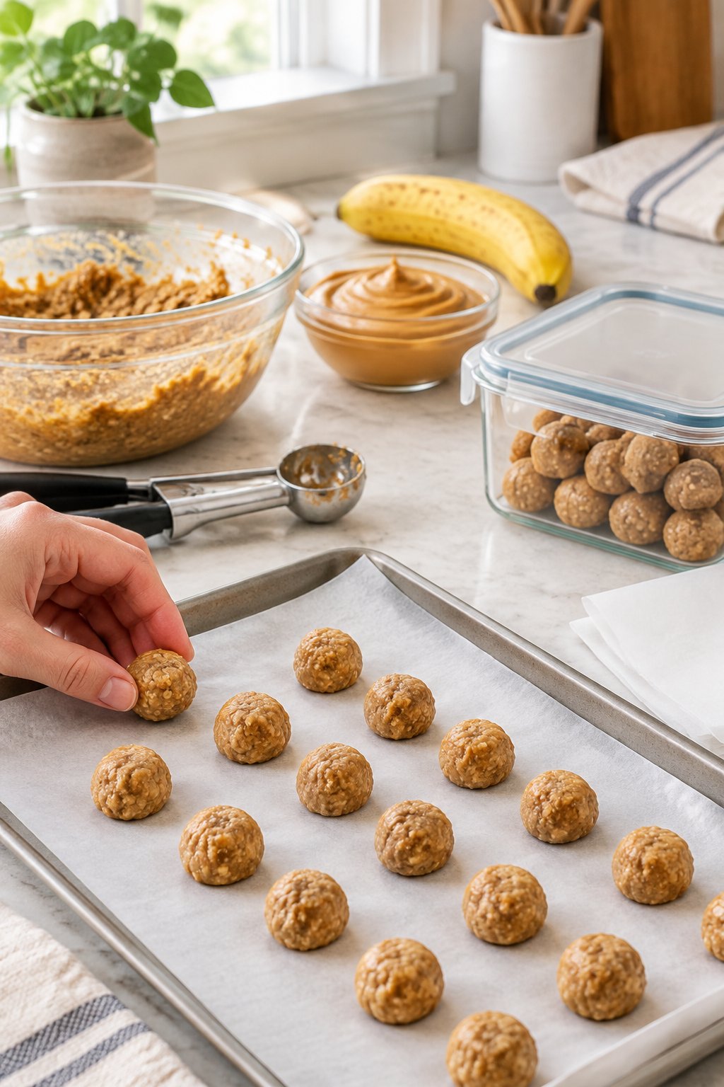 Homemade peanut butter banana dog treats being shaped on a baking sheet beside ingredients and an airtight storage container.