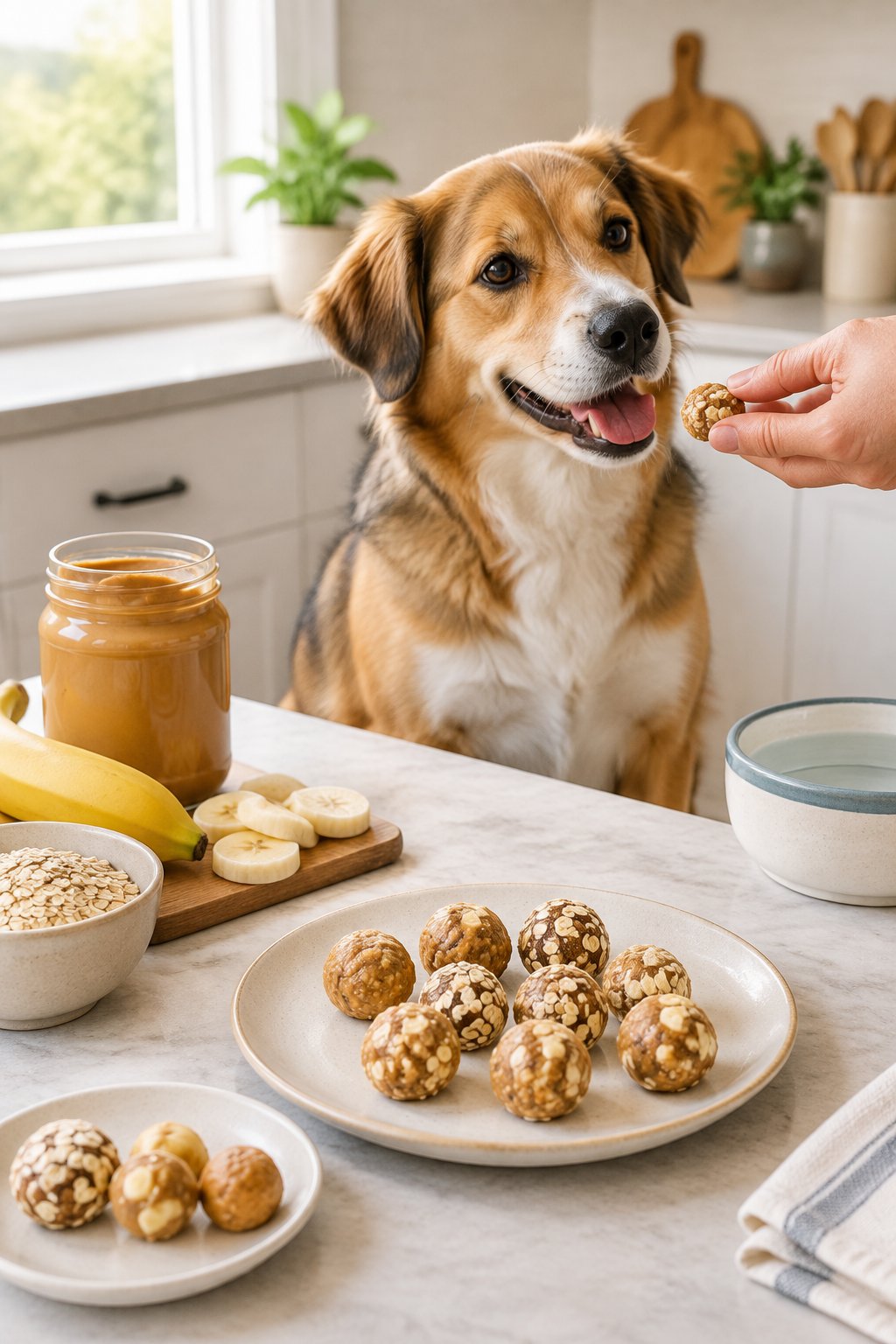 A dog sits beside a plate of homemade banana and peanut butter treats with safe ingredients nearby.