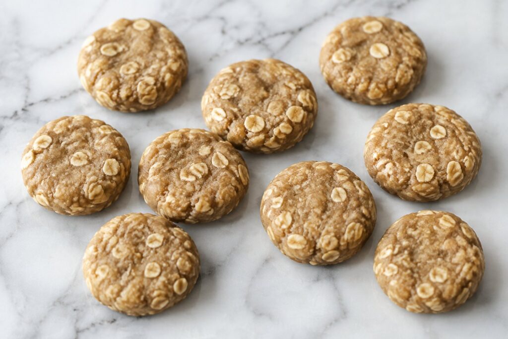 Round no-bake peanut butter banana dog treats studded with rolled oats on a white marble counter.