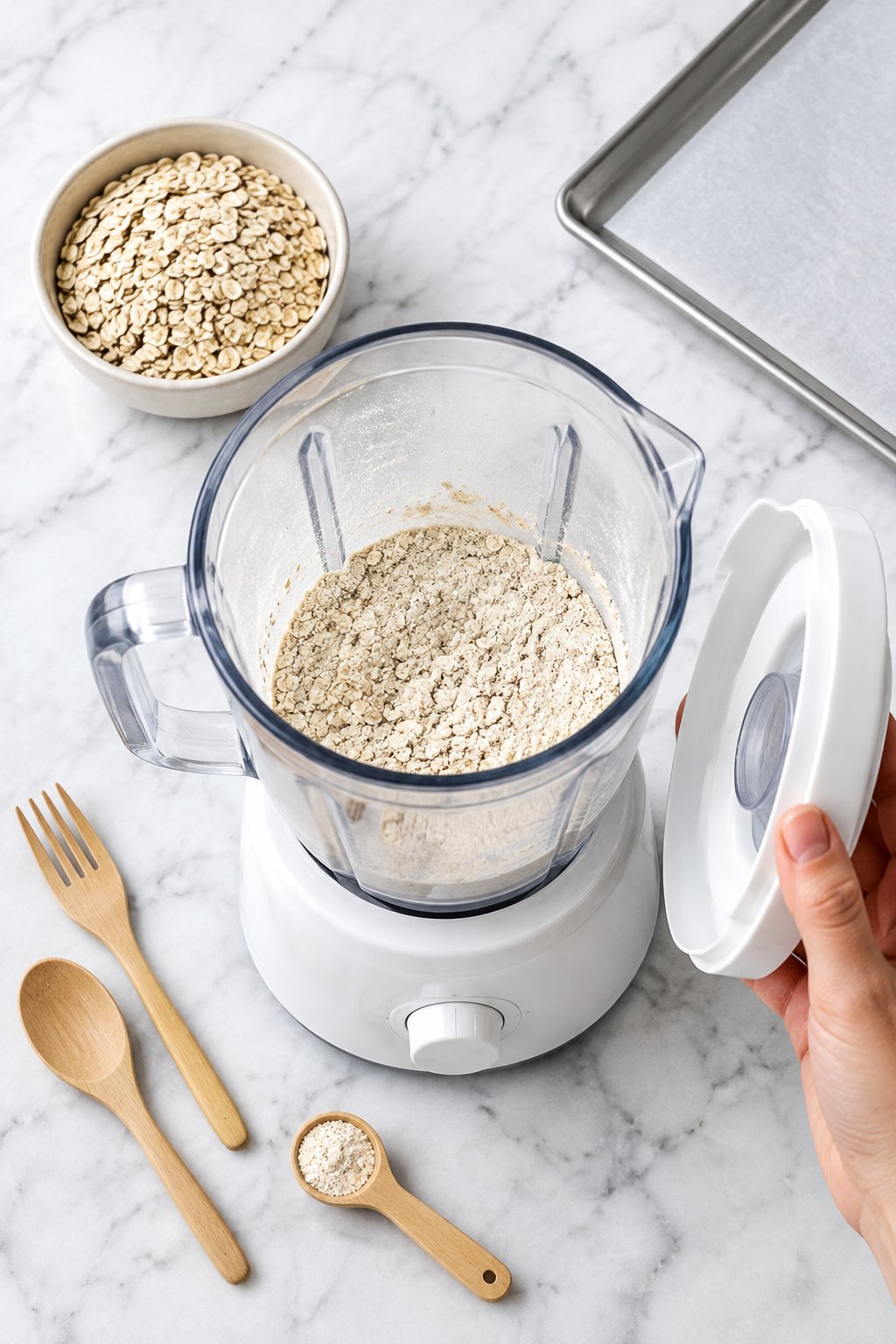 A blender jar of freshly ground oat flour beside a bowl of whole rolled oats.
