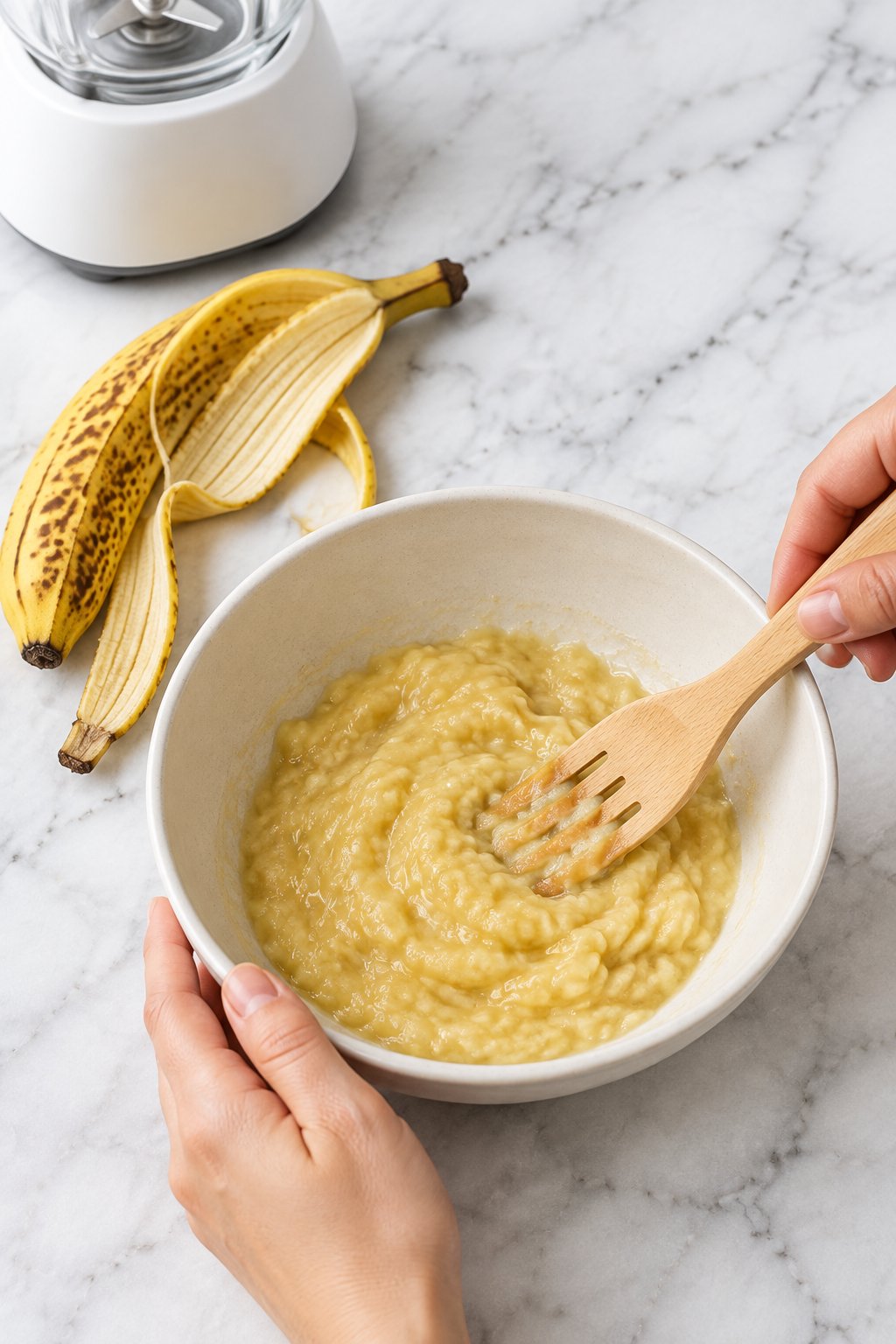 A hand mashing a ripe banana into a thick puree with a wooden fork in an ivory bowl.