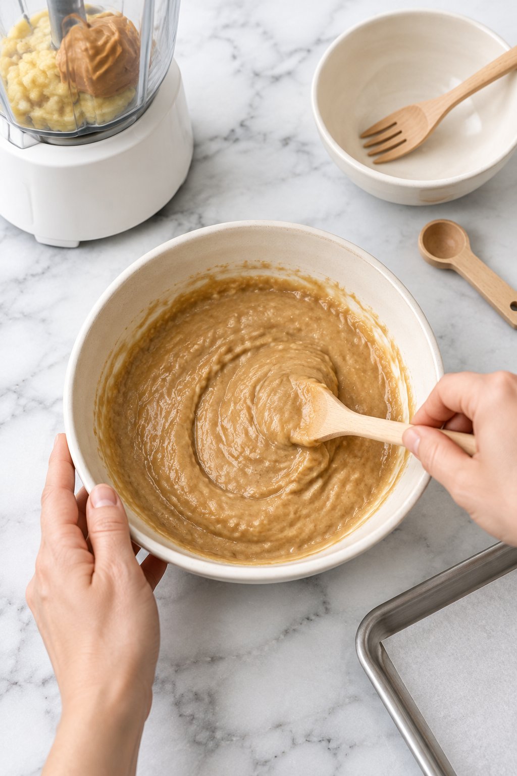 A wooden spoon stirring peanut butter into mashed banana until the mixture is an even tan color.