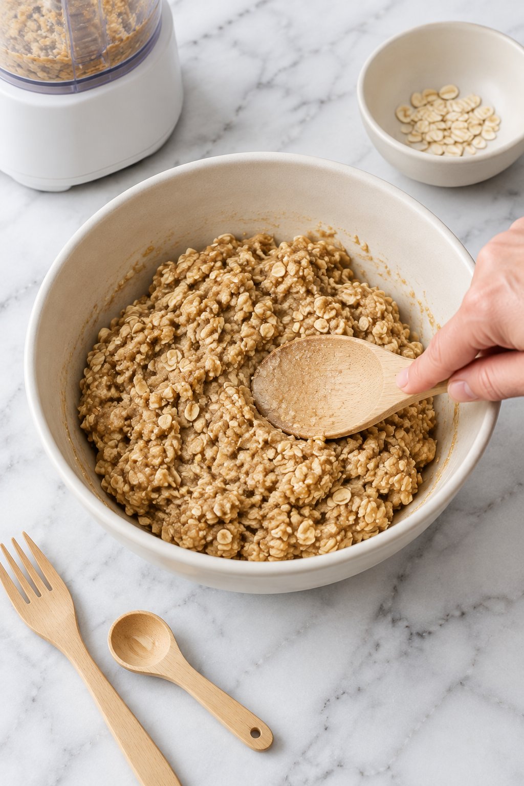 A wooden spoon pressing thick peanut butter banana oat dough in an ivory bowl.