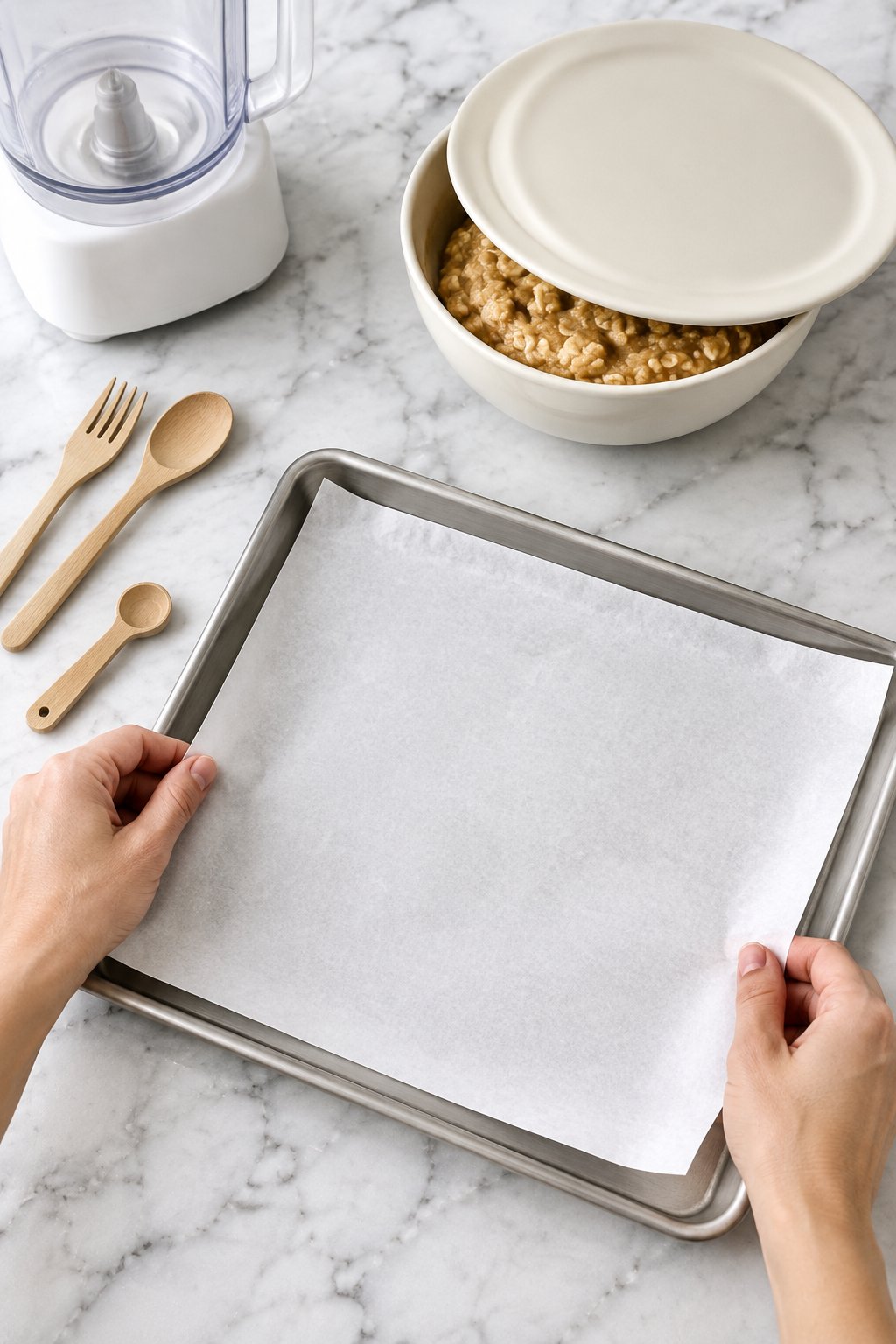 Hands lining a silver tray with parchment beside a covered bowl of dough ready to chill.