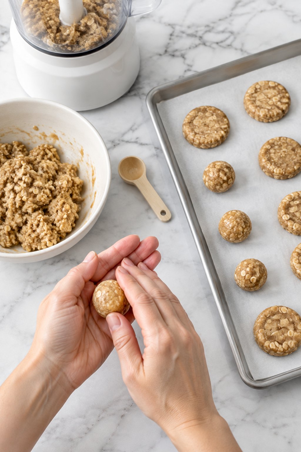 Hands rolling a small ball of oat dough beside a parchment-lined tray of flattened no-bake treats.