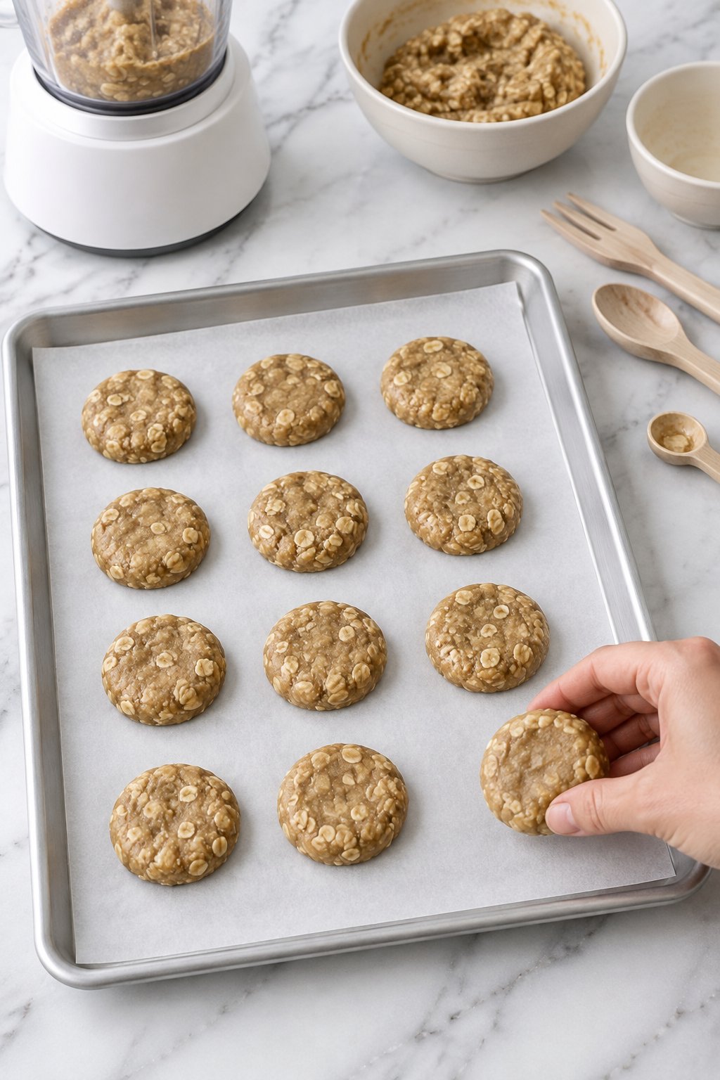 A hand placing the last flattened no-bake peanut butter banana treat on a parchment-lined tray to chill.