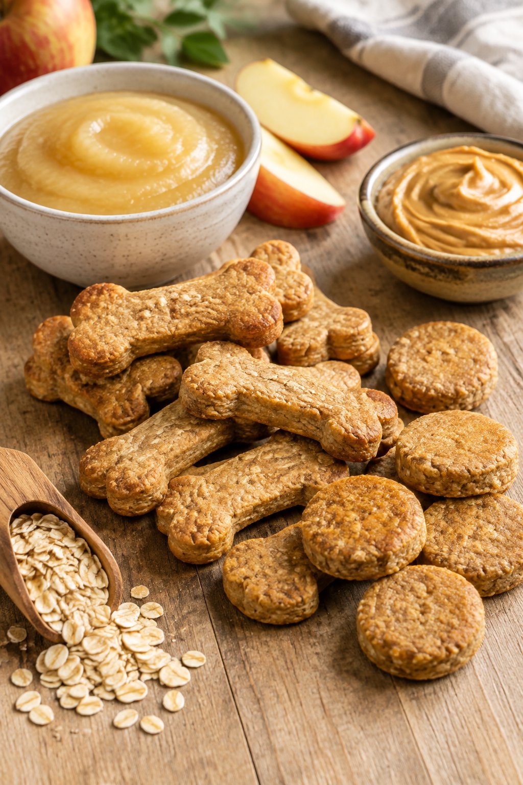 Homemade peanut butter applesauce dog treats arranged beside bowls of applesauce and peanut butter.
