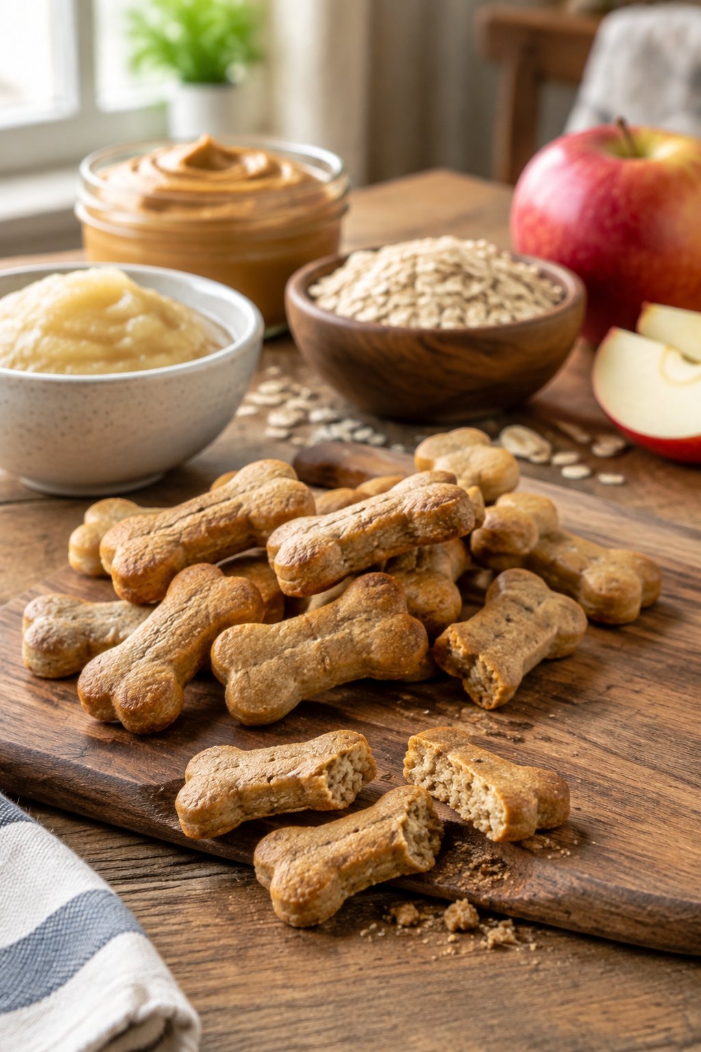 Golden-brown bone-shaped dog biscuits arranged beside applesauce, peanut butter, oats, and apple slices on a wooden surface.