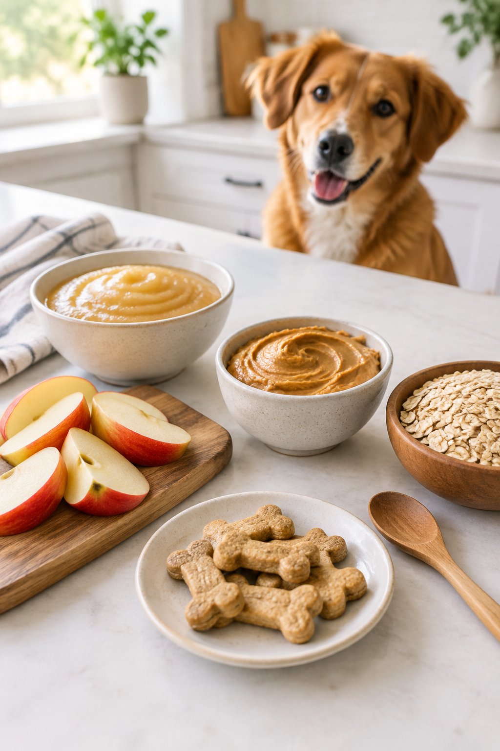 A dog watches beside bowls of peanut butter, applesauce, apple slices, oats, and homemade dog treats.