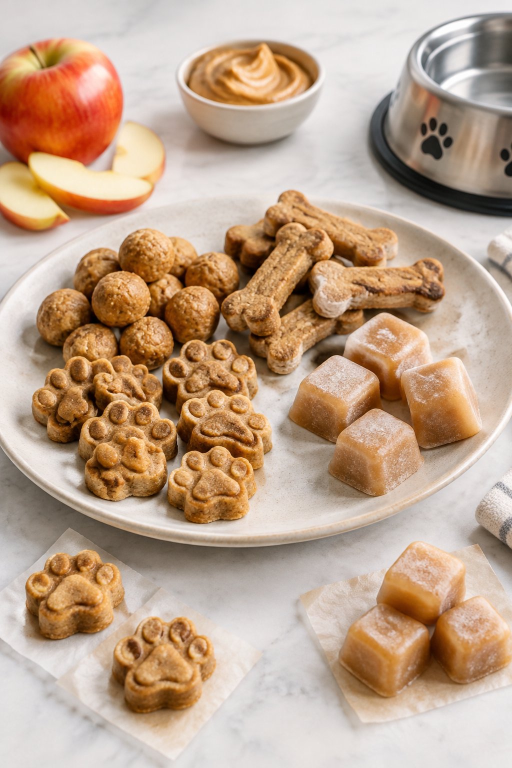 A variety of homemade peanut butter applesauce dog treats in bone, paw, round, and frozen cube shapes arranged on a plate.