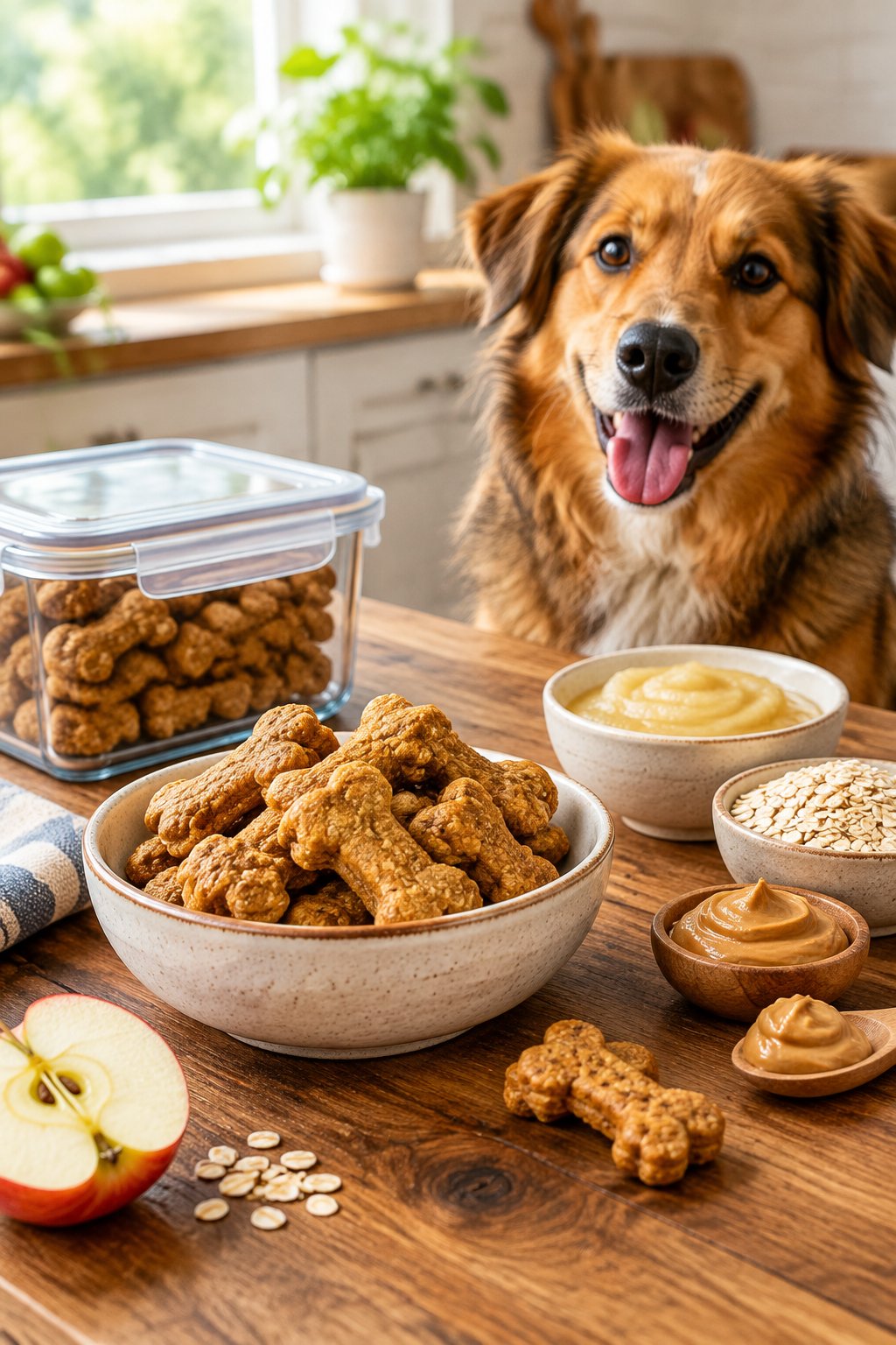 Peanut butter applesauce dog treats arranged in a serving bowl beside a storage container and a waiting dog.