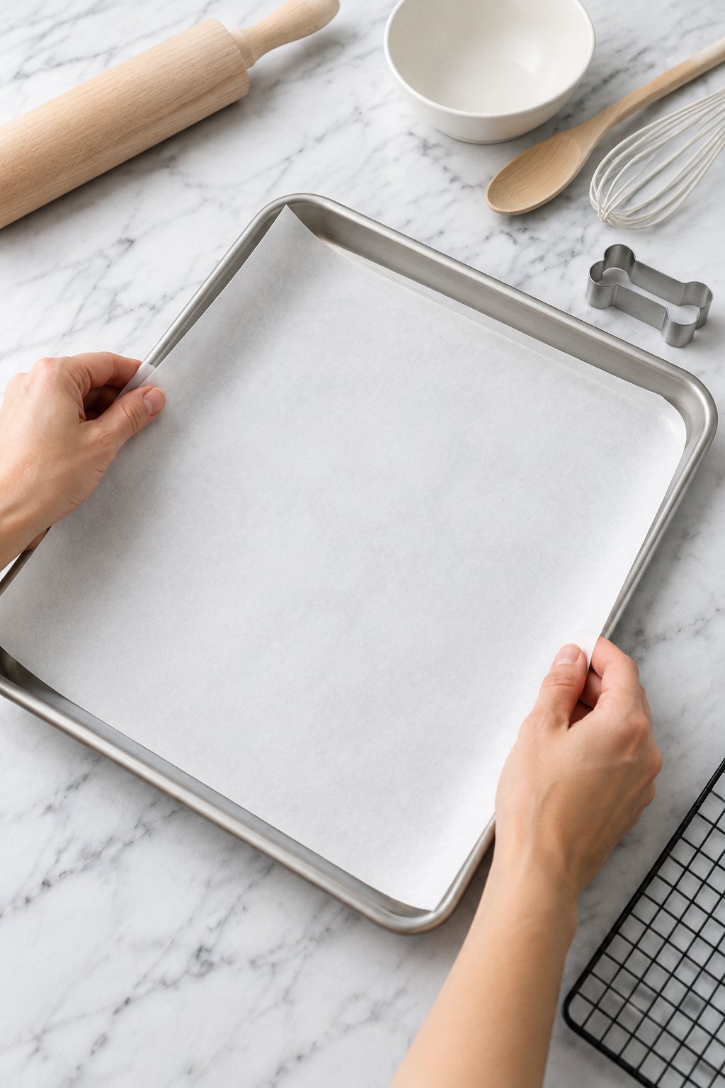Hands lining an empty silver baking sheet with white parchment paper.
