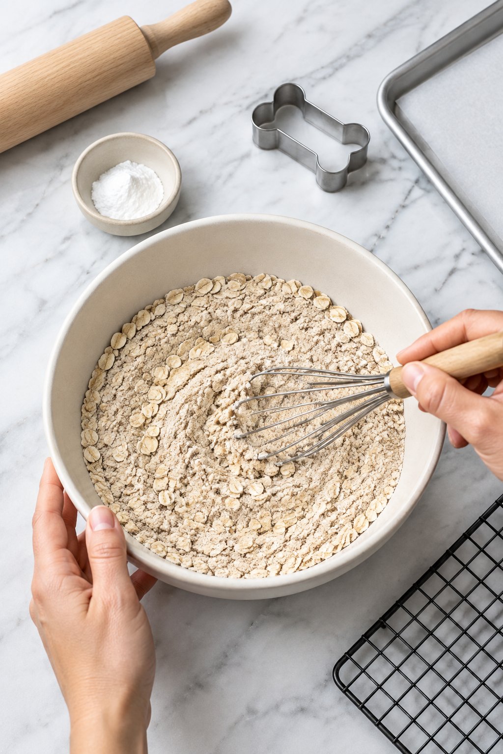 A hand whisking whole wheat flour and rolled oats together in a large ivory bowl, with baking powder in a small dish.