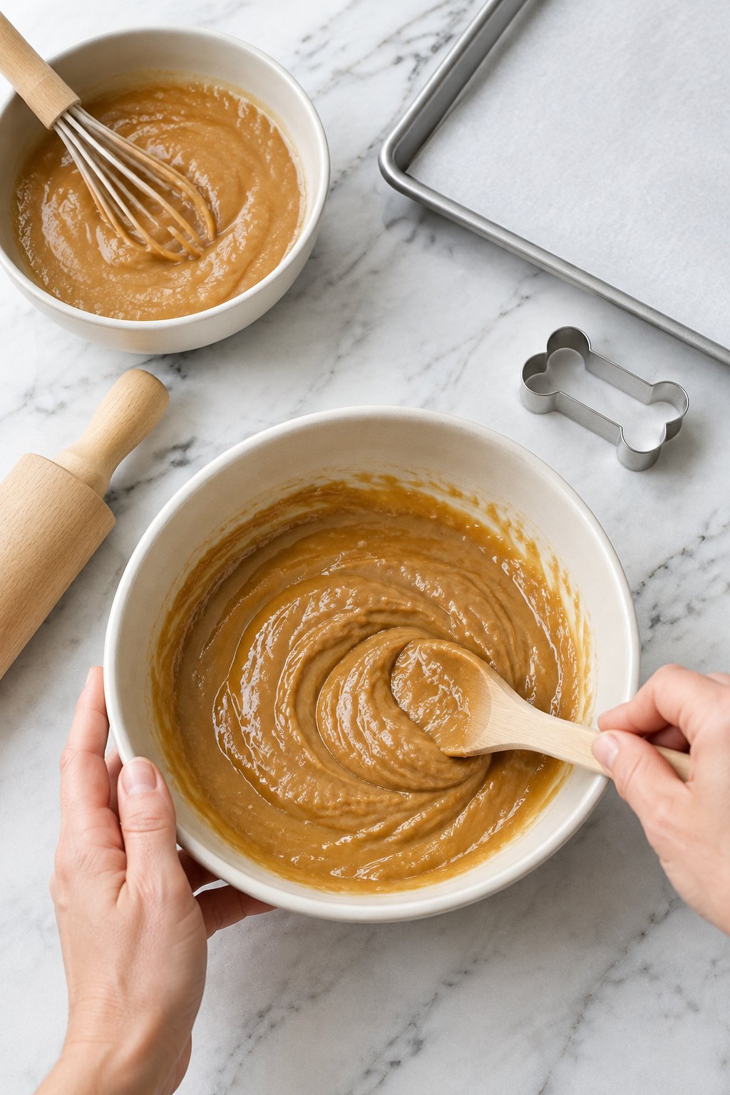 A wooden spoon stirring a smooth, glossy light-brown mixture of applesauce, peanut butter, egg and olive oil in an ivory bowl.