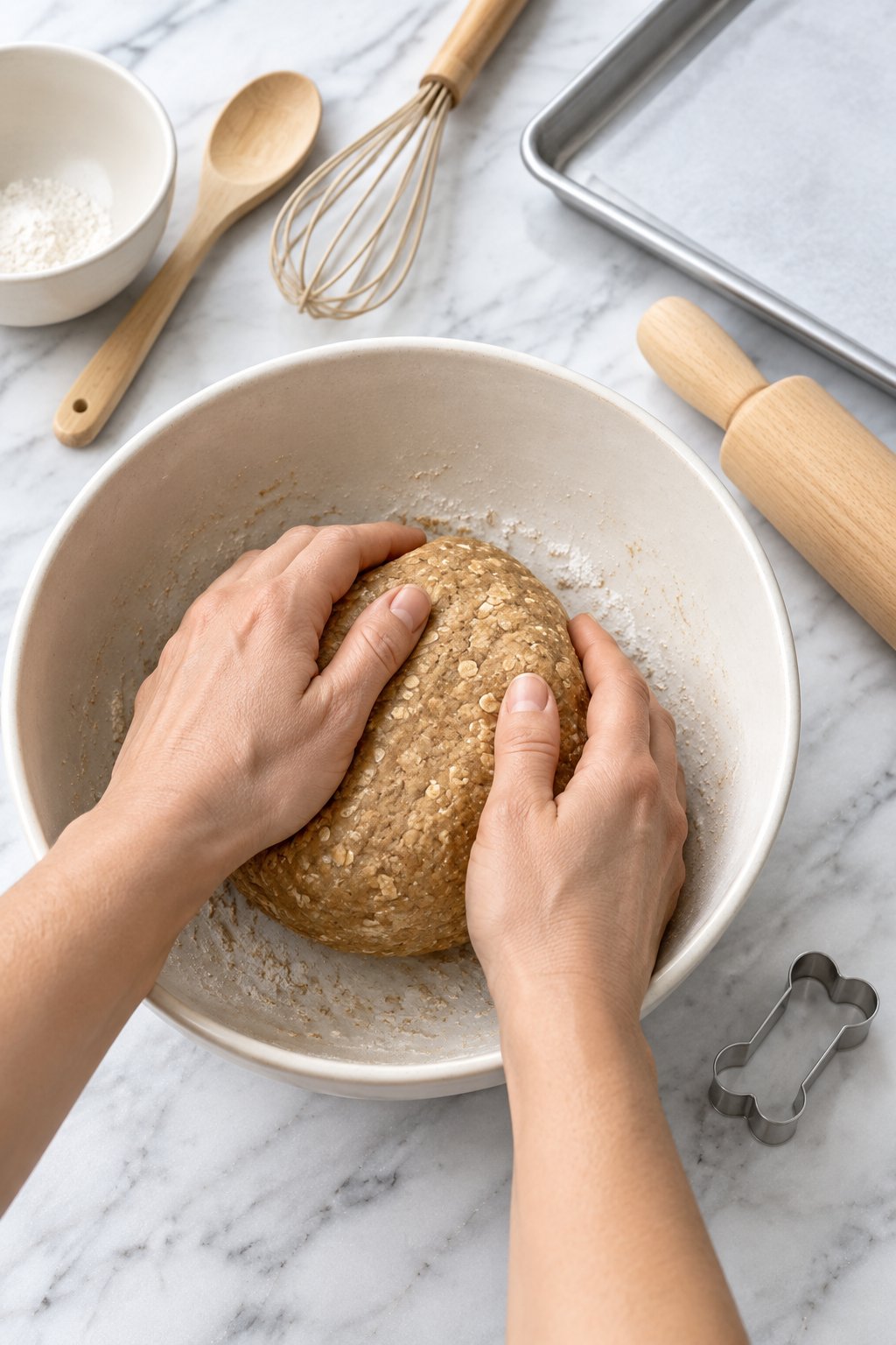 Hands kneading a firm oat-flecked peanut butter dough ball inside a large ivory bowl.