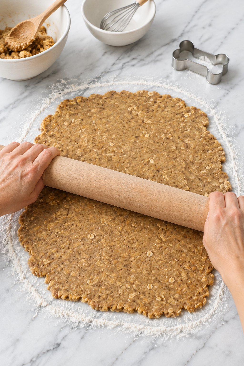 A wooden rolling pin rolling peanut butter applesauce dough into an even sheet on a floured marble counter.