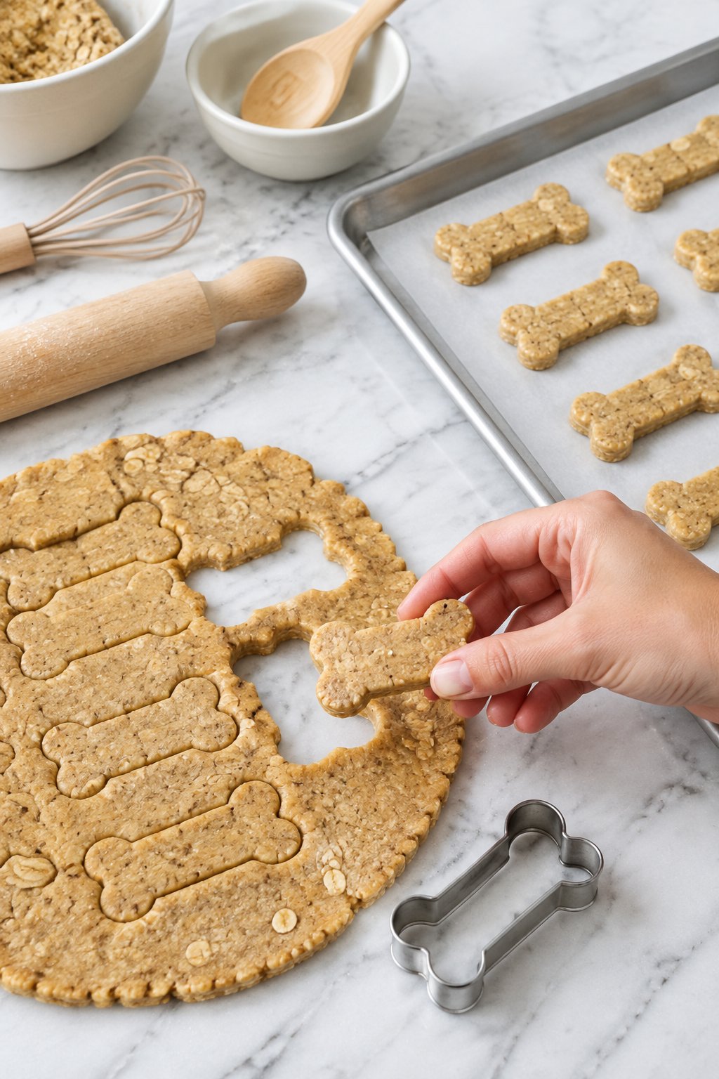 A hand lifting a raw bone-shaped cutout from the rolled dough, with more cutouts on a parchment-lined baking sheet.