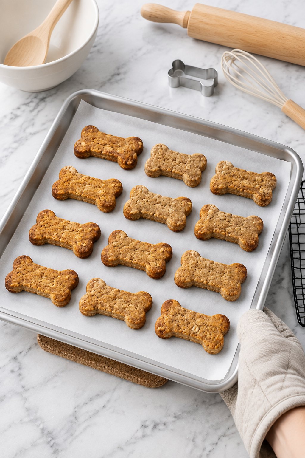 Baked golden-brown bone-shaped dog biscuits in rows on a parchment-lined baking sheet held with an oven mitt.