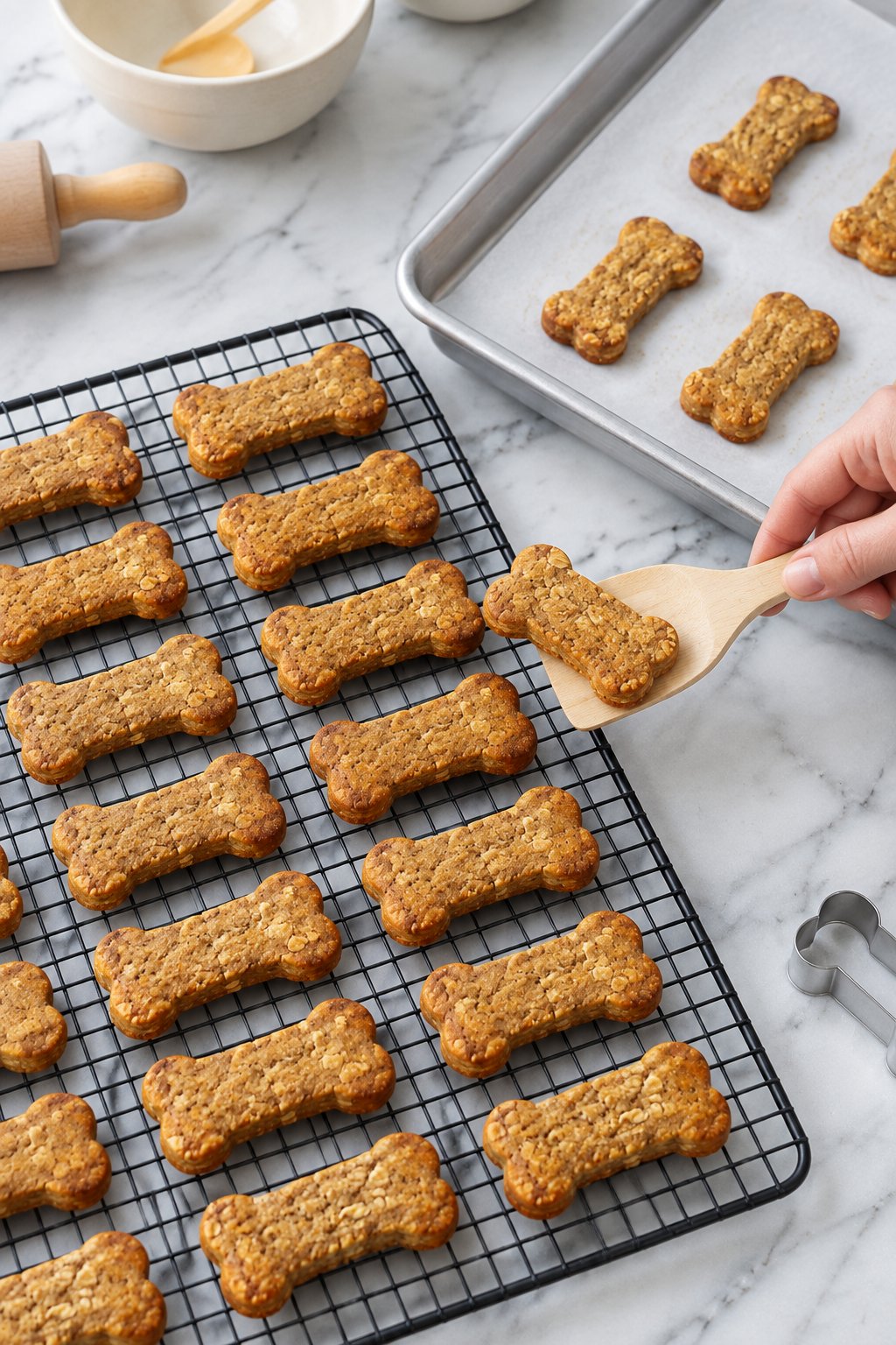 A wooden spatula moving baked bone-shaped dog biscuits onto a black wire cooling rack.