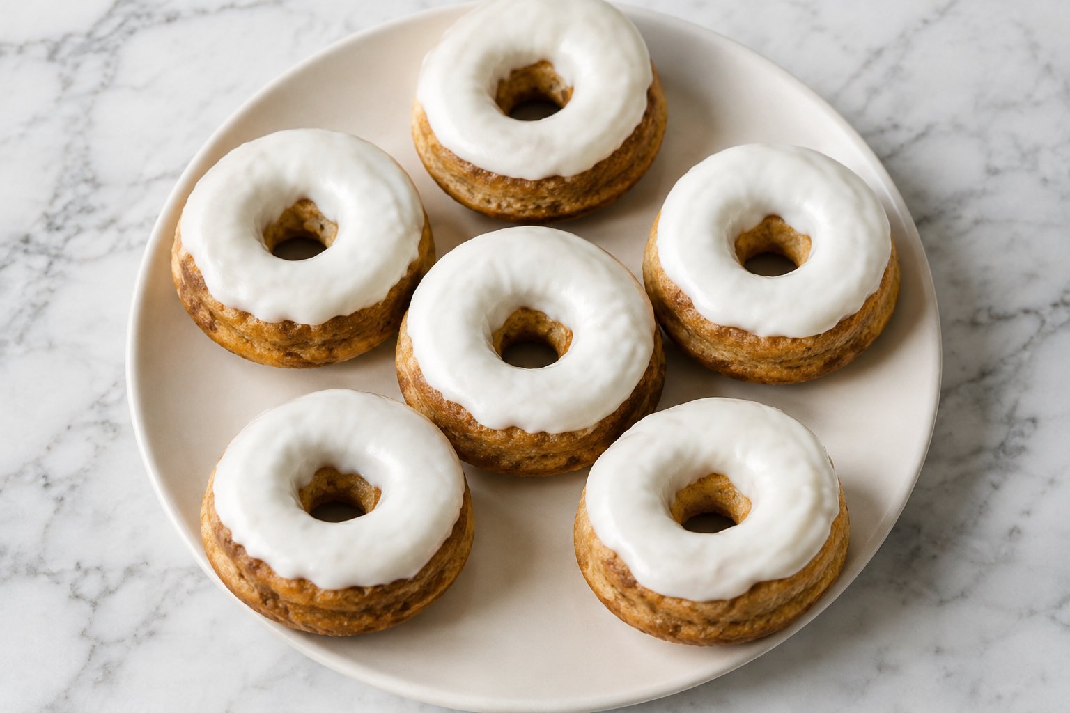 Peanut Butter Dog Donuts: Six baked peanut butter dog donuts, golden-brown, each with the top dipped in smooth white Greek yogurt, on a plate.