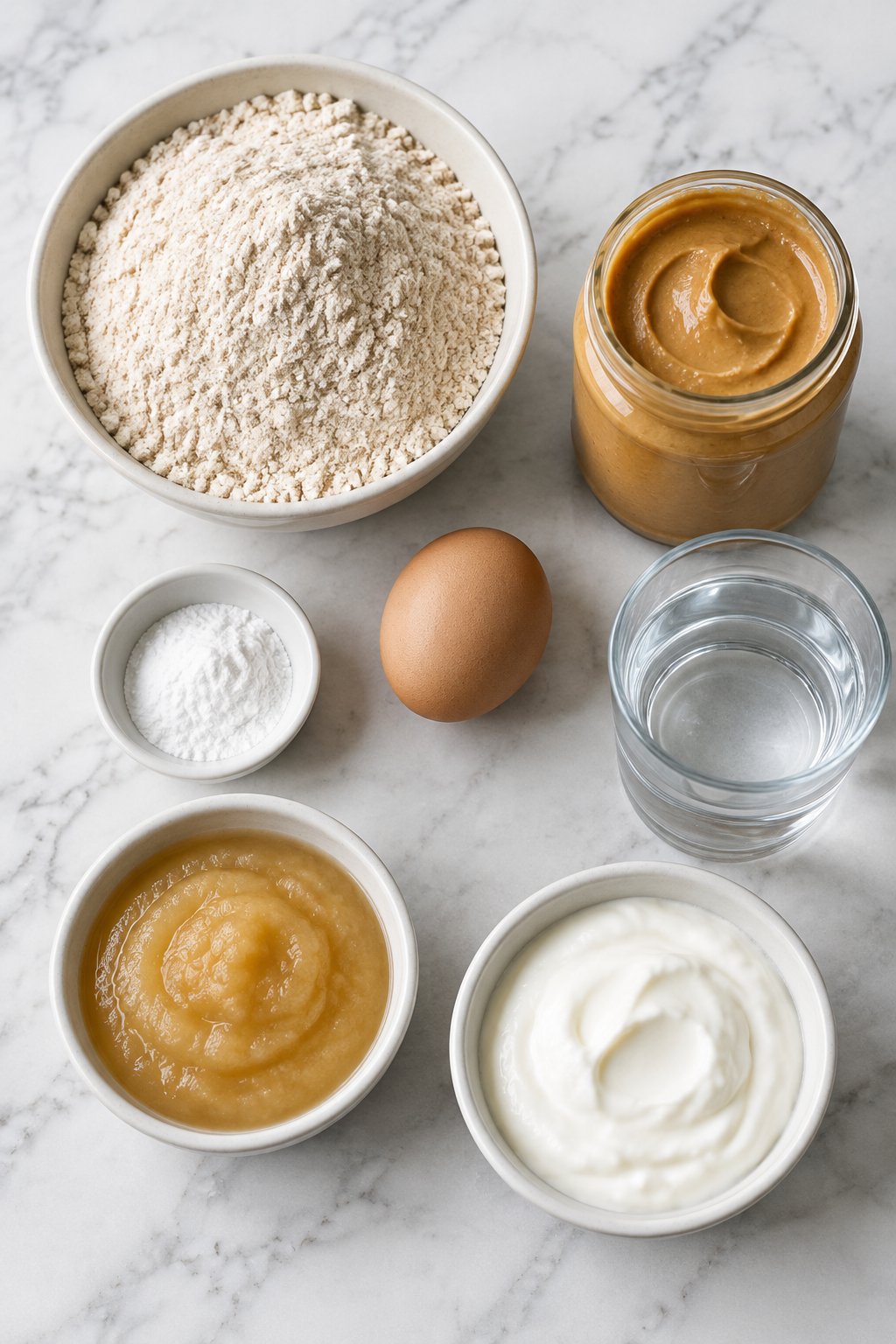 Ingredients for peanut butter dog donuts: flour, baking powder, peanut butter, egg, applesauce, water and Greek yogurt.
