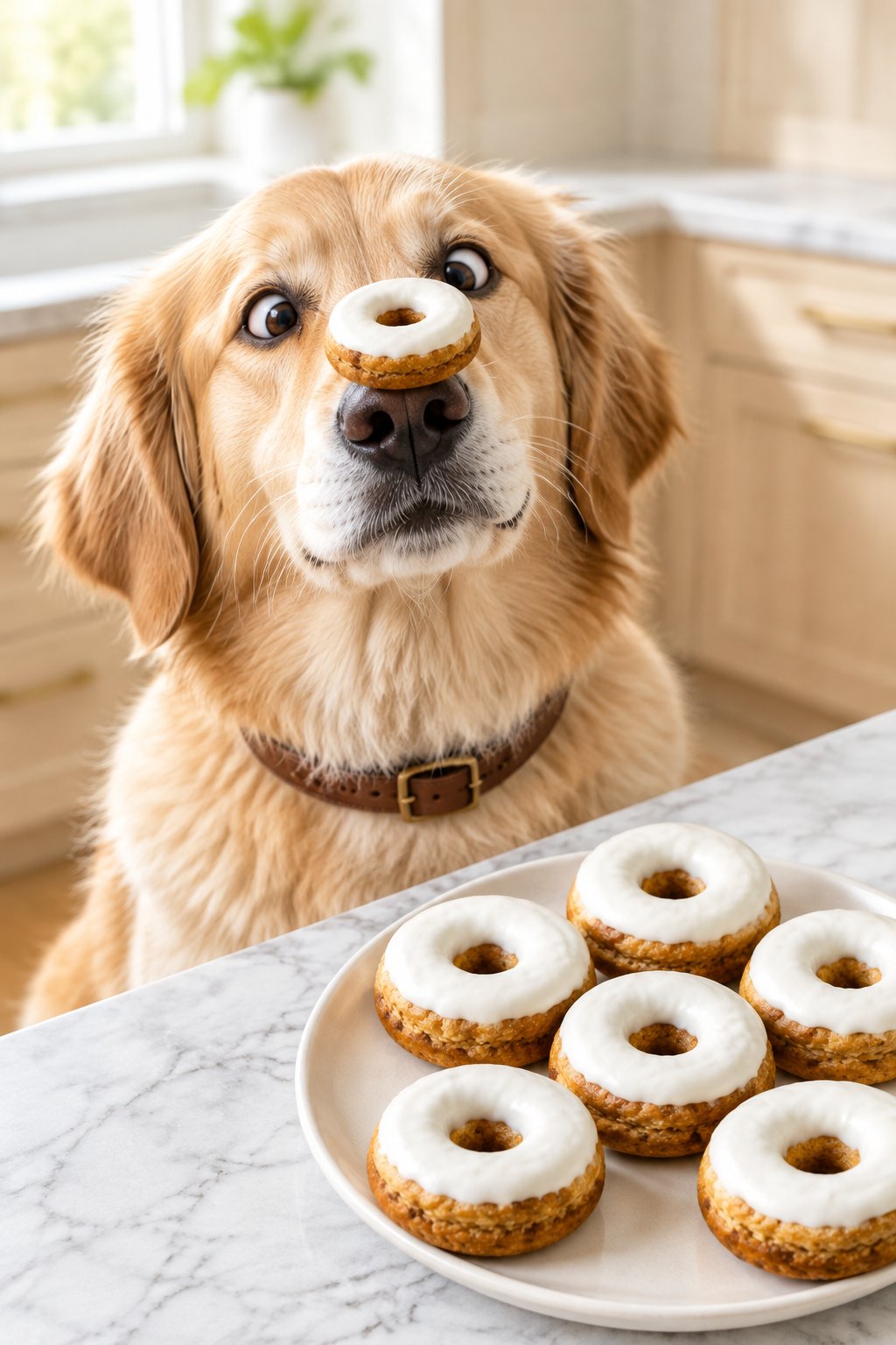 A golden retriever mix eyeing a homemade peanut butter dog donut with yogurt dip.