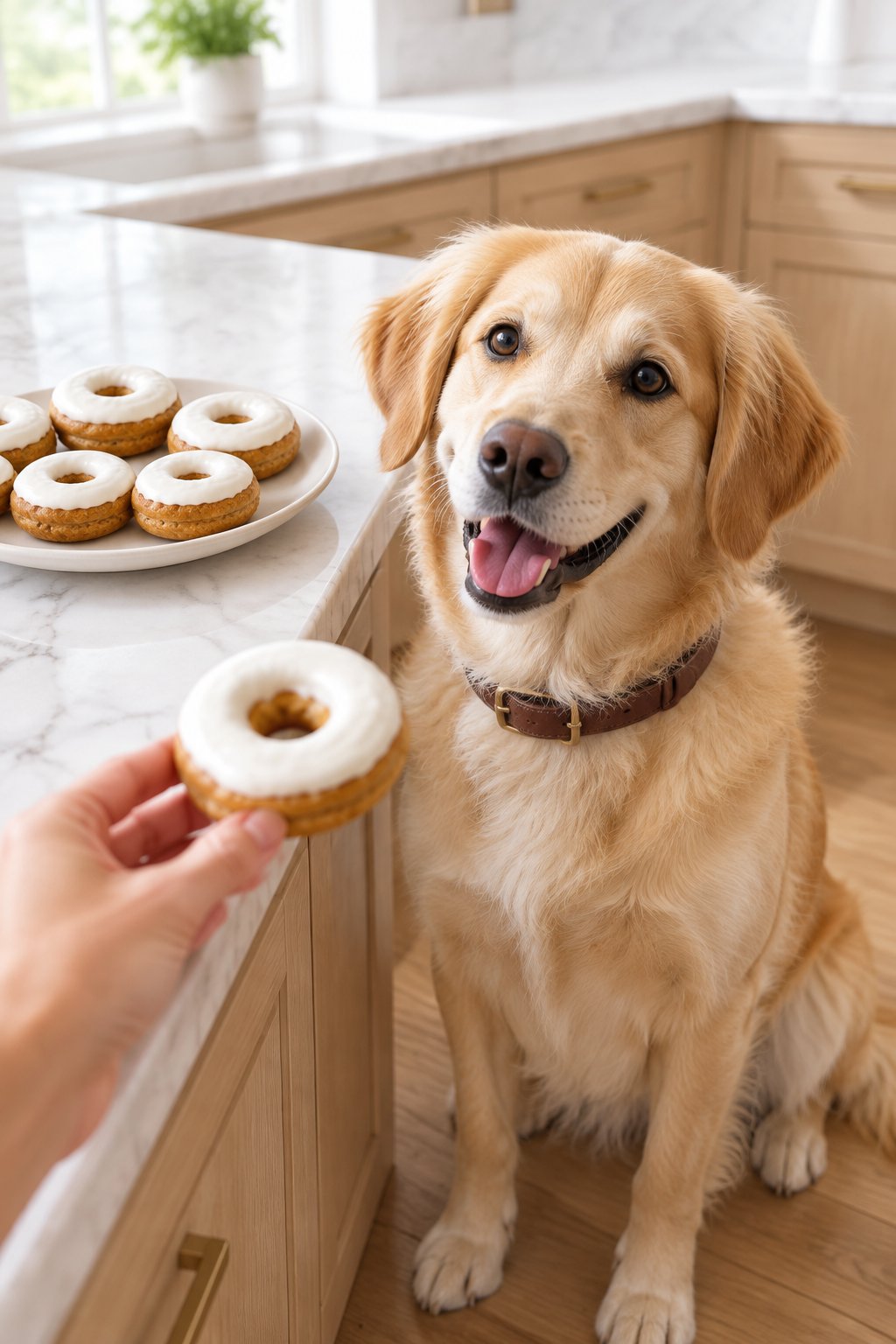 A golden retriever mix eyeing homemade peanut butter dog donuts.