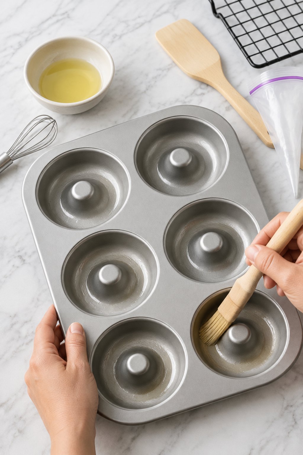 Hands brushing oil into an empty 6-cavity silver donut pan.