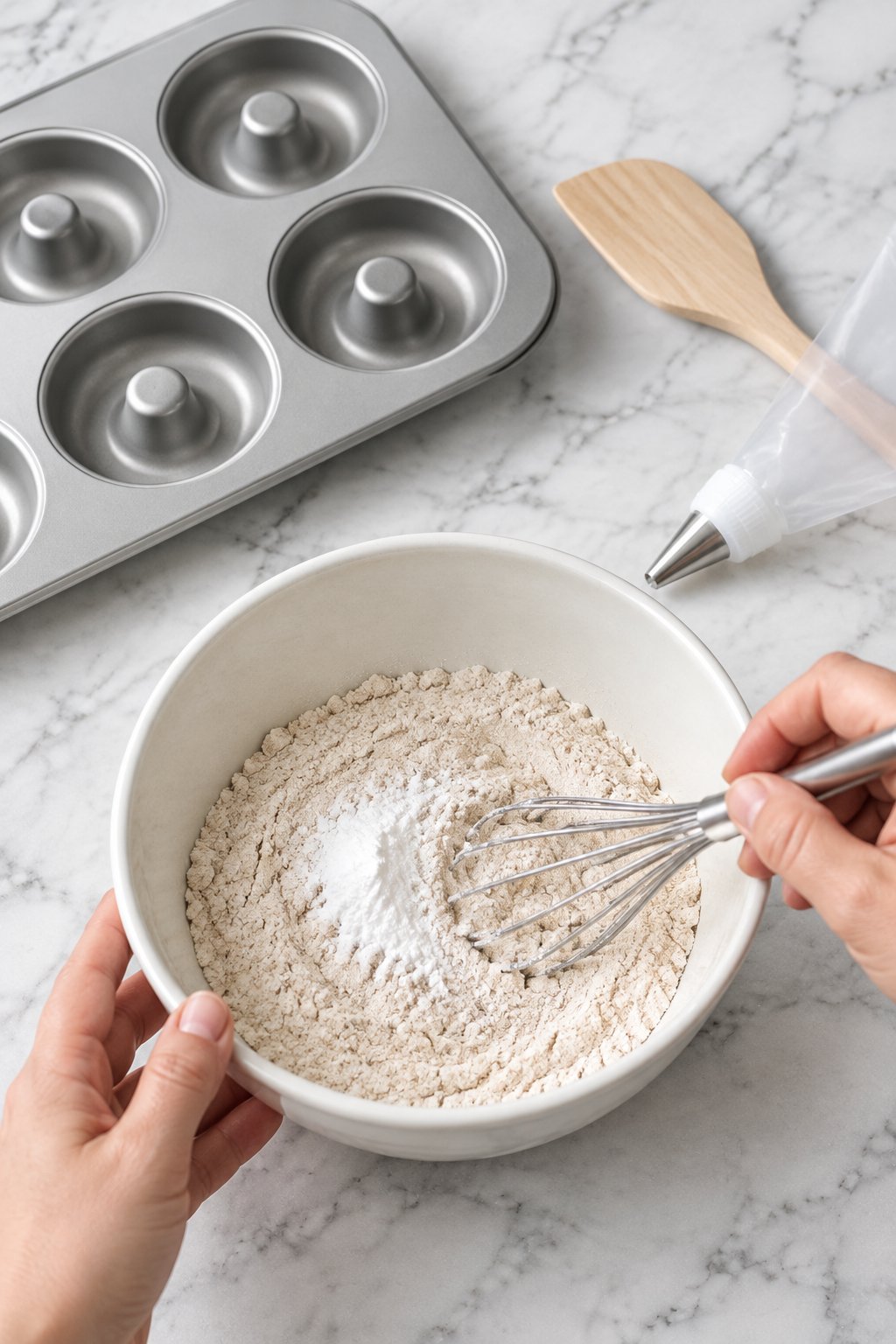 A small wire whisk mixing whole wheat flour and baking powder in an ivory bowl.