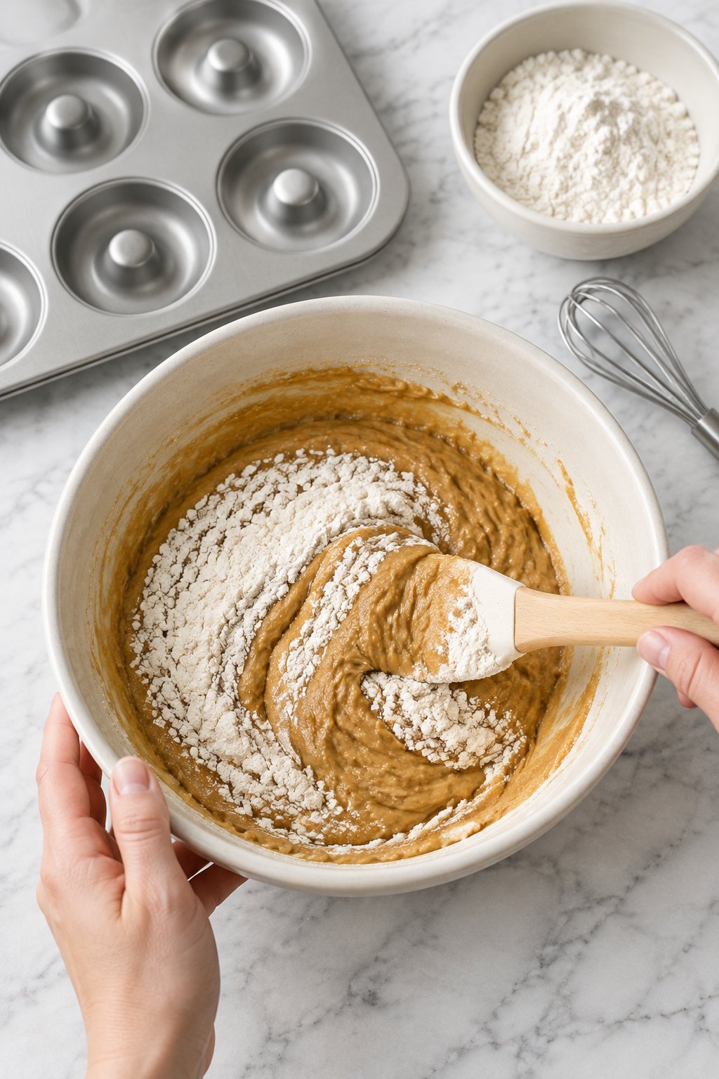 A spatula folding flour into a smooth peanut butter, egg and applesauce batter in an ivory bowl.