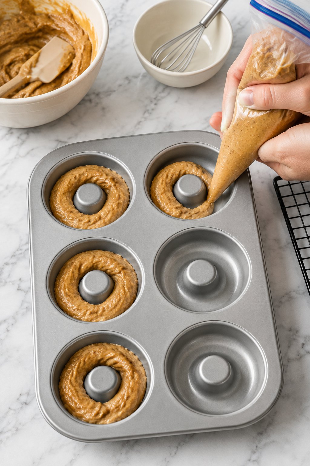 A hand squeezing thick peanut butter batter from a zip-top bag with the corner snipped into the rings of the donut pan.