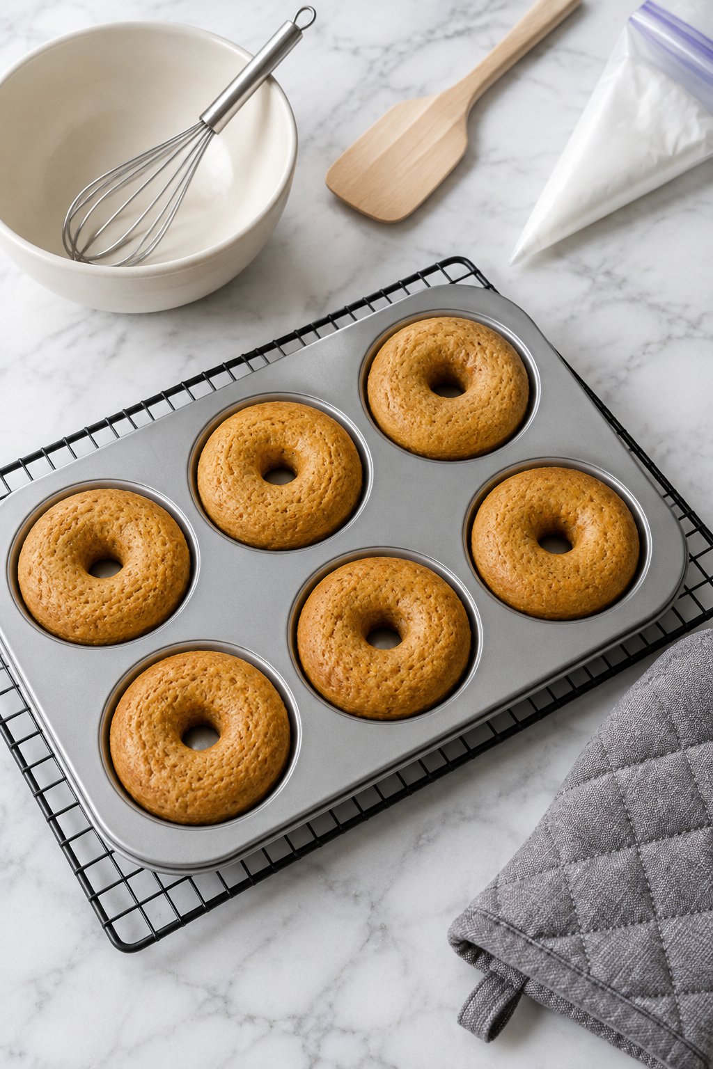 The donut pan with six baked golden donuts resting on a trivet, oven mitt beside it.