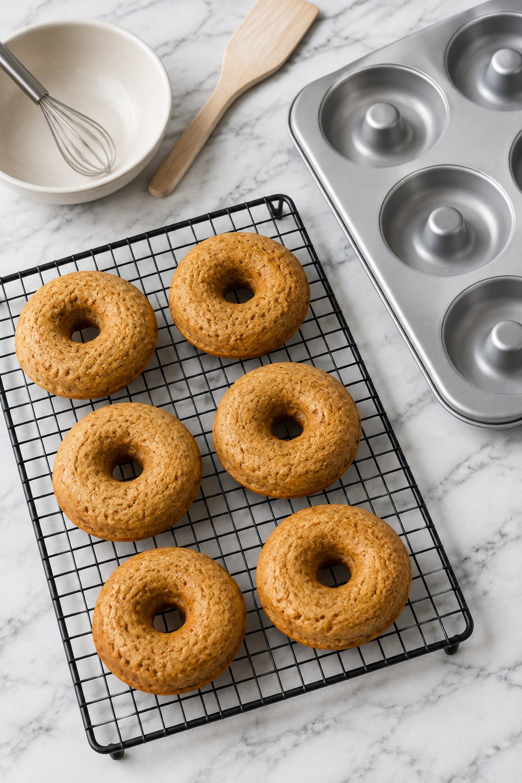 Six plain baked peanut butter donuts cooling on a black wire rack beside the empty pan.