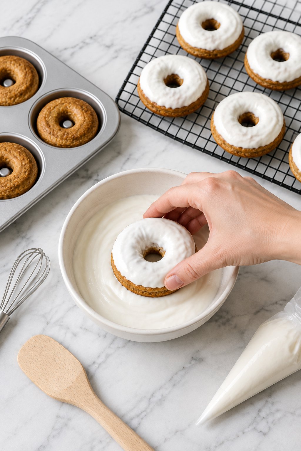 A hand dipping the top of a cooled donut into a bowl of white Greek yogurt.